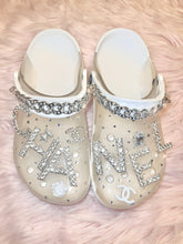 Load image into Gallery viewer, Size 7 White/Translucent Glam Crocs.
