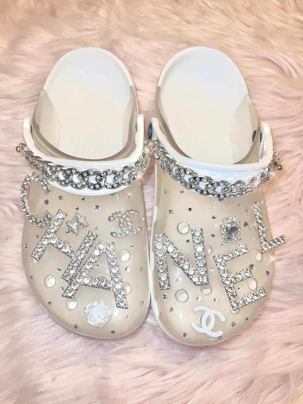 Size 7 White/Translucent Glam Crocs.