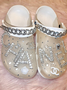 Size 7 White/Translucent Glam Crocs.