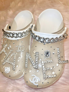 Size 7 White/Translucent Glam Crocs.