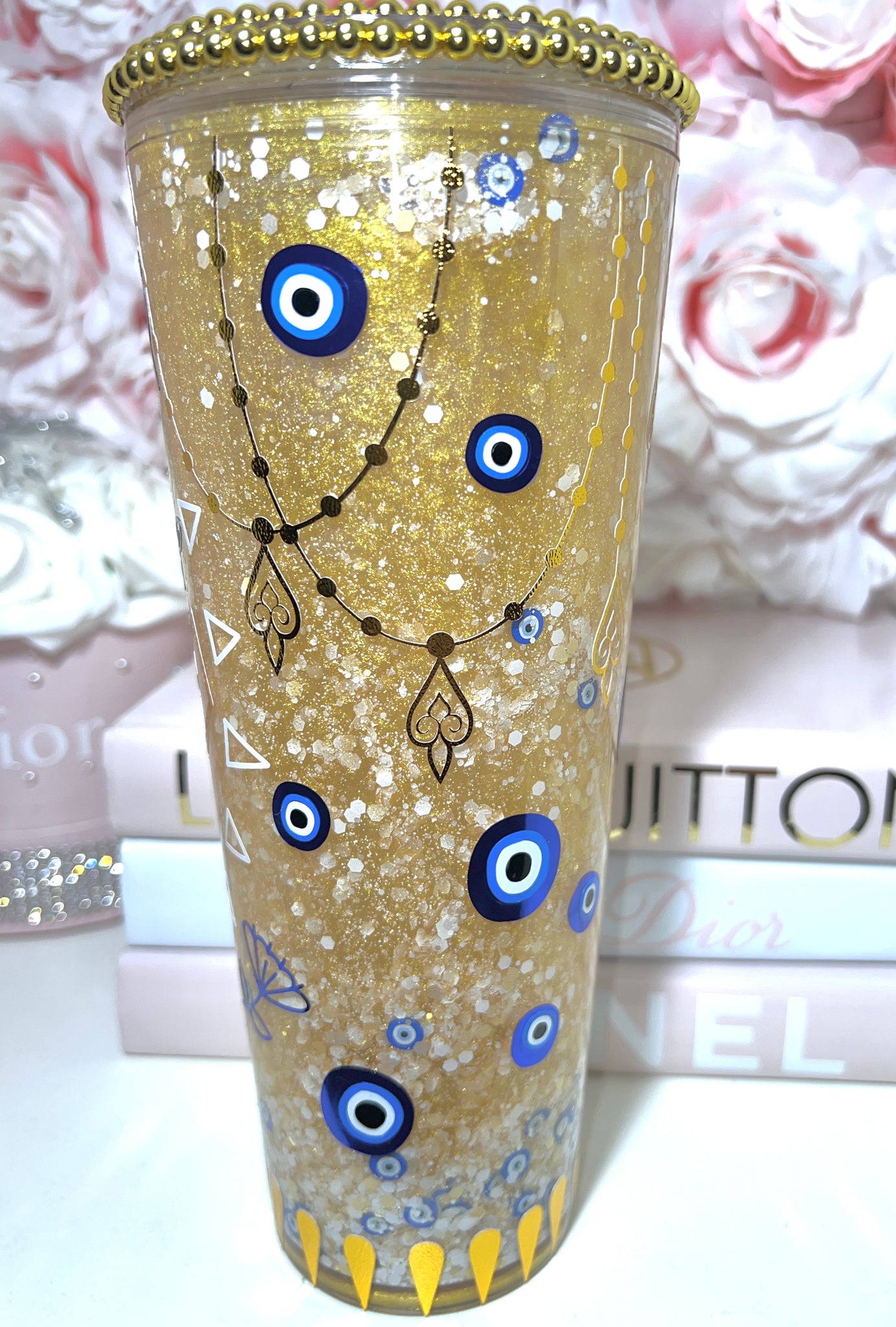 Evil Eye Glass Snow Globe Tumbler With Bamboo Lid and Plastic